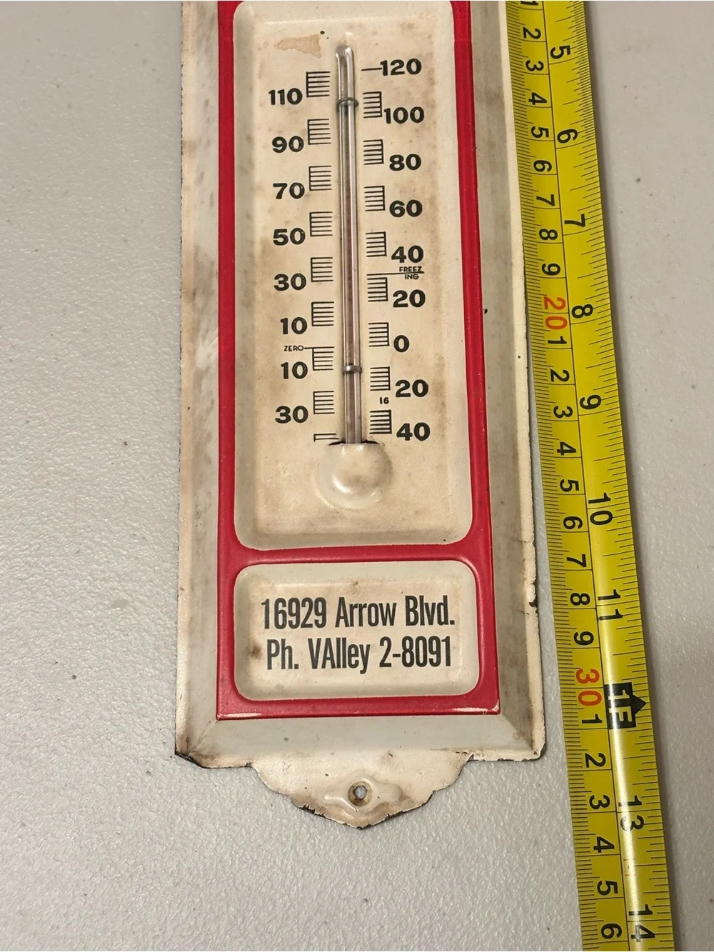 Vintage metal advertising wall thermometer, Fontana, California